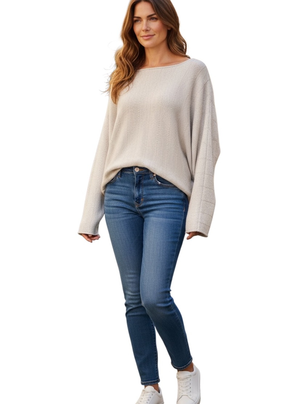 Cyrus Ribbed Crewneck Sweater Size M Oatmeal Cream Dolman Sleeves Soft